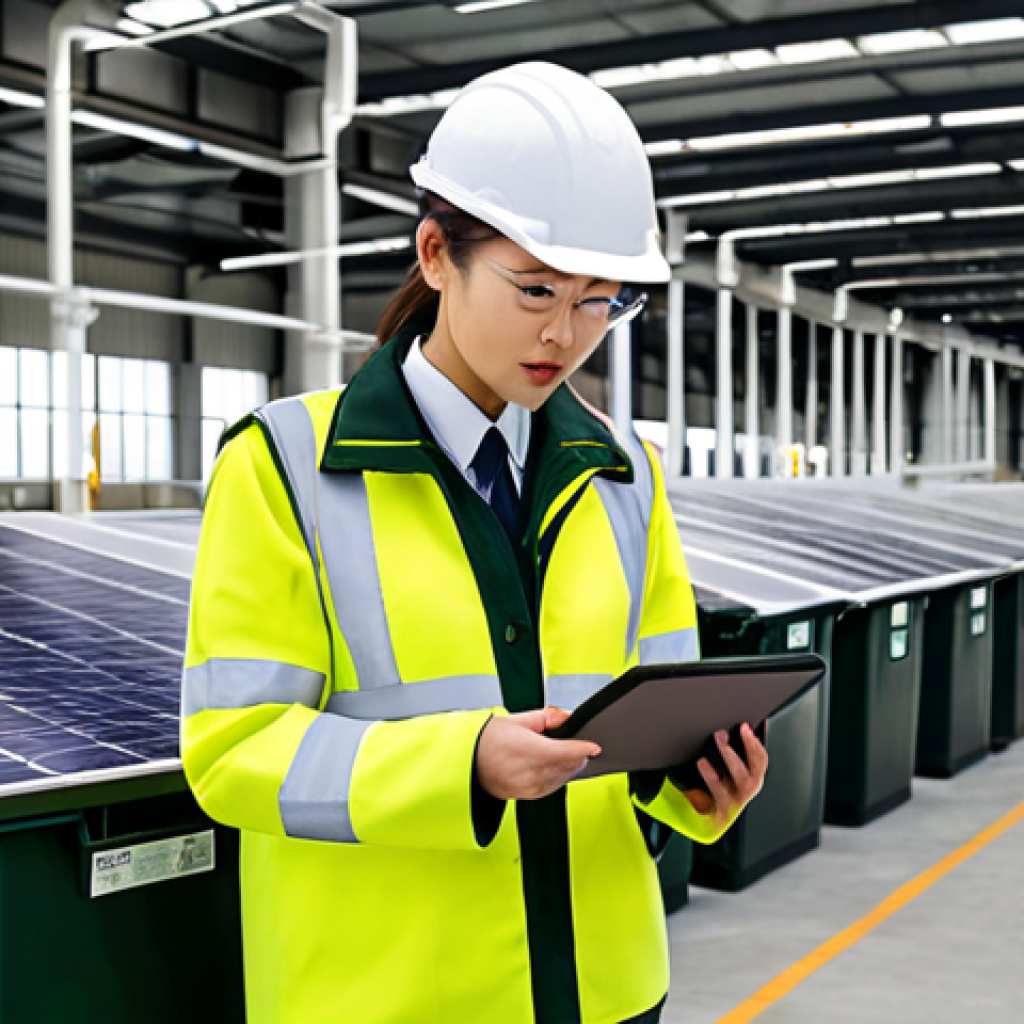 **

A scene depicting an Environmental Manager (環境管理士) at work in a modern factory setting. The factory should appear eco-friendly, with visible green initiatives (solar panels, recycling bins, etc.). The Environmental Manager is reviewing data on a tablet, looking focused and determined. The overall tone is positive and proactive, showcasing the role in driving sustainable practices.

**