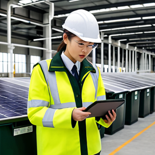 **

A scene depicting an Environmental Manager (環境管理士) at work in a modern factory setting. The factory should appear eco-friendly, with visible green initiatives (solar panels, recycling bins, etc.). The Environmental Manager is reviewing data on a tablet, looking focused and determined. The overall tone is positive and proactive, showcasing the role in driving sustainable practices.

**