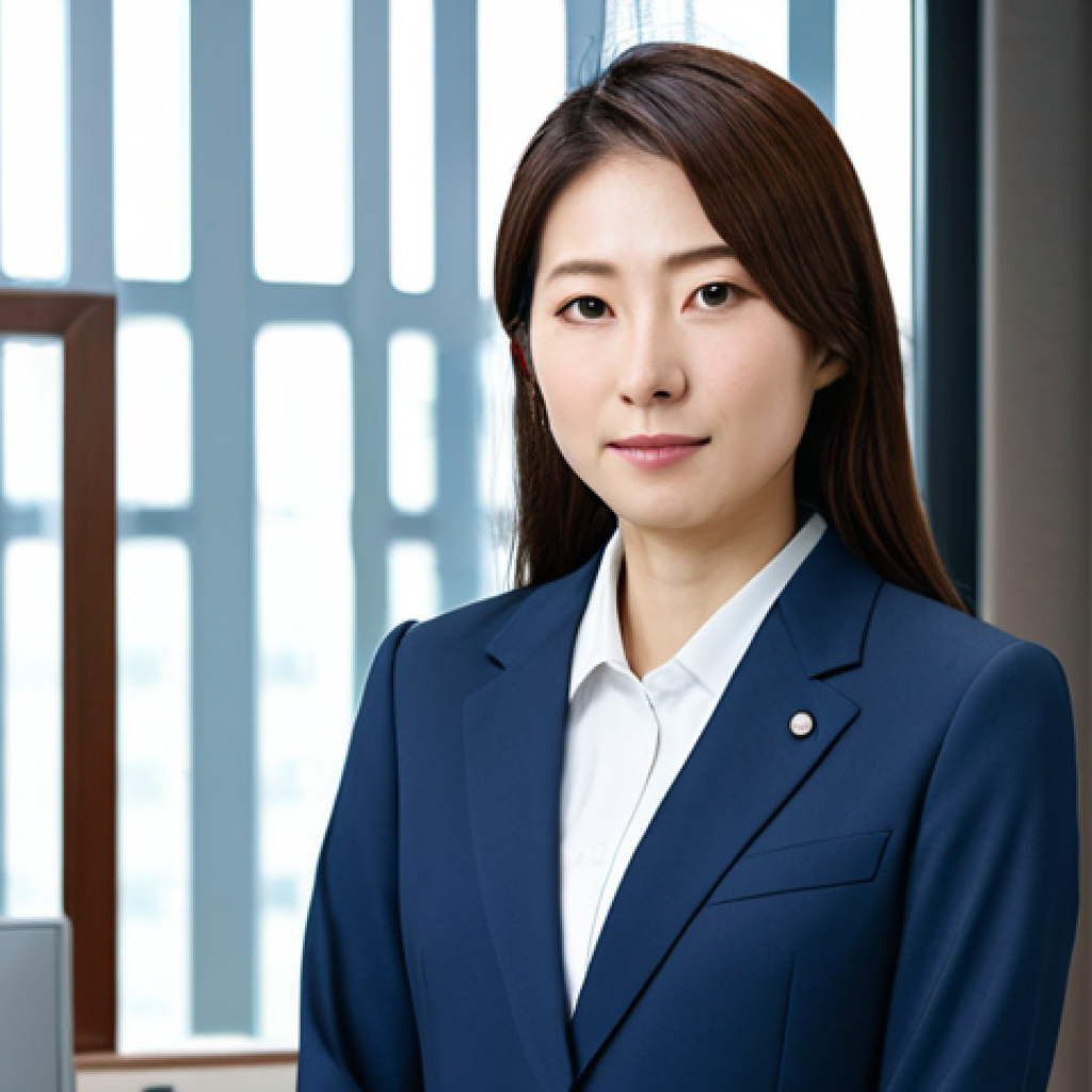 환경관리사 이직 시 고려할 사항 - **Prompt:** A professional Japanese woman in a modest business suit stands confidently in a modern T...