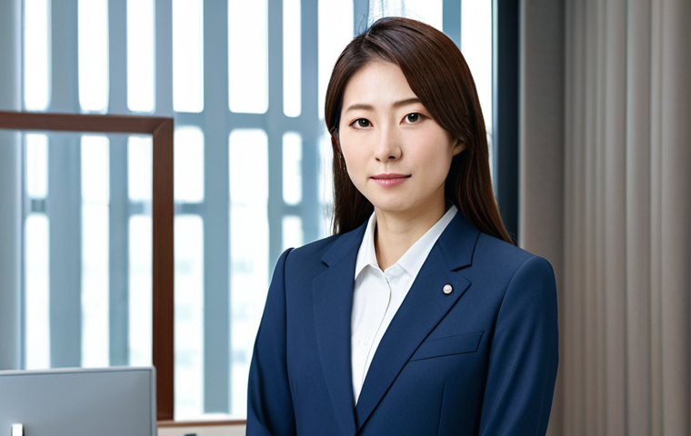 환경관리사 이직 시 고려할 사항 - **Prompt:** A professional Japanese woman in a modest business suit stands confidently in a modern T...