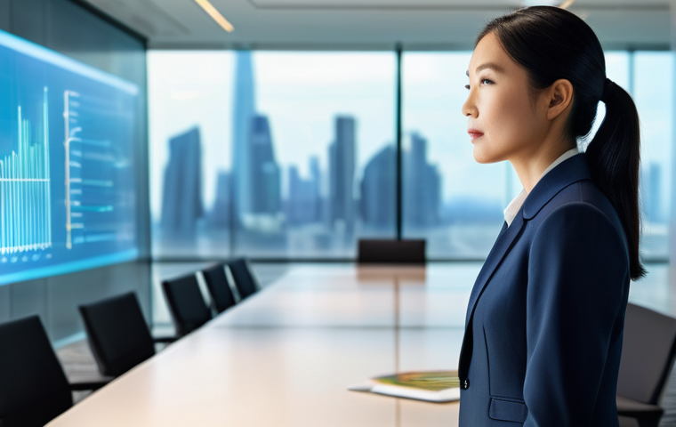 환경관리사와 친환경 정책 연계 - **Prompt:** A focused and confident East Asian female Environmental Management Professional, dressed...