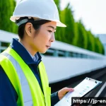 환경관리사 일일 업무 일지 - A professional Japanese environmental manager wearing a clean, neat work uniform and safety gear, co...