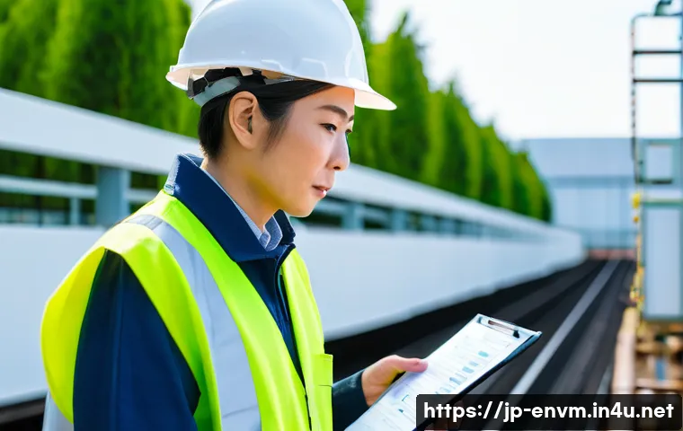 환경관리사 일일 업무 일지 - A professional Japanese environmental manager wearing a clean, neat work uniform and safety gear, co...
