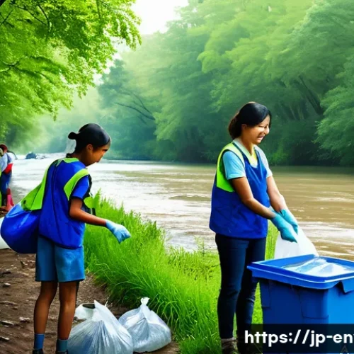 환경관리사 자격증으로 NGO 활동 참여 - A group of diverse volunteers participating in a local riverbank cleanup activity on a sunny weekend...
