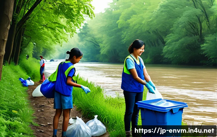 환경관리사 자격증으로 NGO 활동 참여 - A group of diverse volunteers participating in a local riverbank cleanup activity on a sunny weekend...