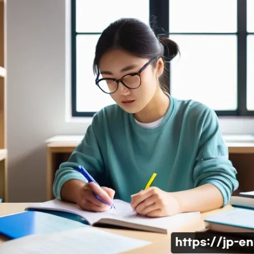환경관리사 시험을 위한 효과적인 공부법 - A focused Japanese student studying in a modern, clean room with natural sunlight streaming through ...