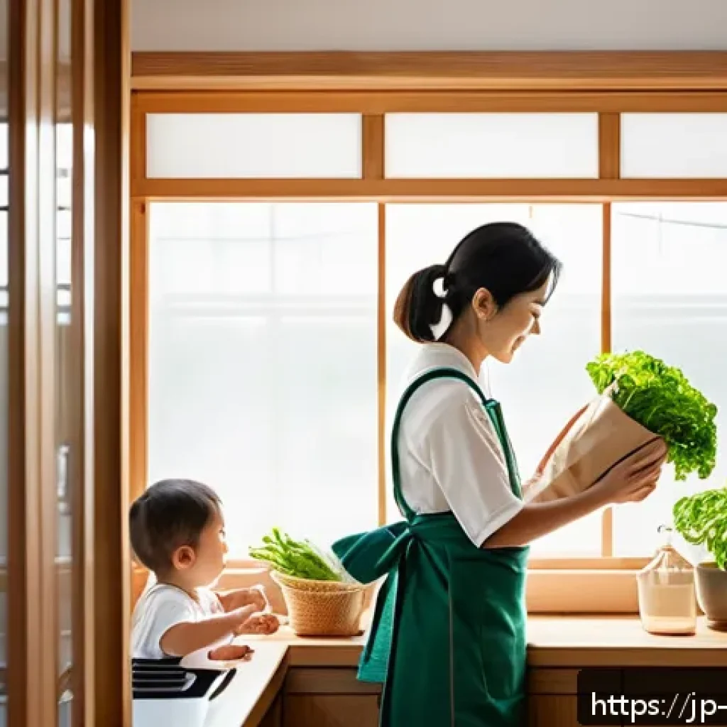 환경관리사와 환경문제 해결책 모색 - A modern Japanese family in a cozy kitchen preparing meals with eco-friendly practices: reusable clo...