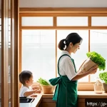 환경관리사와 환경문제 해결책 모색 - A modern Japanese family in a cozy kitchen preparing meals with eco-friendly practices: reusable clo...