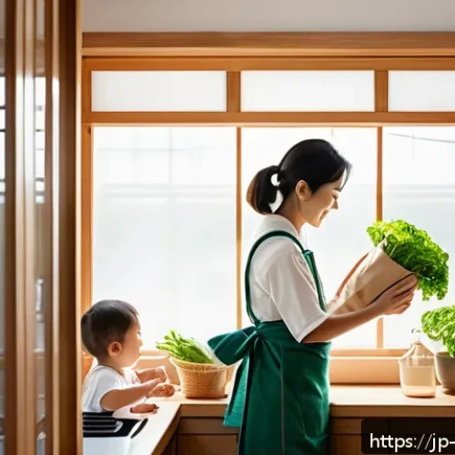 환경관리사와 환경문제 해결책 모색 - A modern Japanese family in a cozy kitchen preparing meals with eco-friendly practices: reusable clo...
