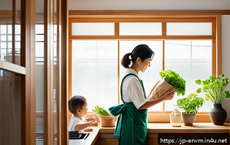 환경관리사와 환경문제 해결책 모색 - A modern Japanese family in a cozy kitchen preparing meals with eco-friendly practices: reusable clo...
