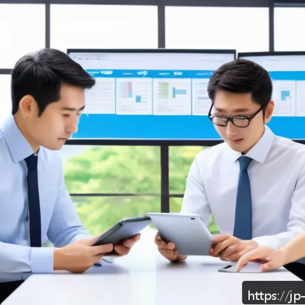 환경관리사 업무 효율성을 높이는 방법 - A modern Japanese environmental management office scene showing a diverse team of professionals usin...