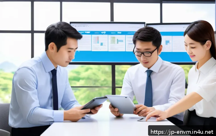 환경관리사 업무 효율성을 높이는 방법 - A modern Japanese environmental management office scene showing a diverse team of professionals usin...