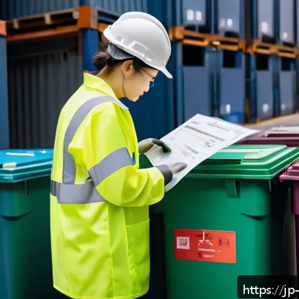 환경관리사 관련 최신 법규 - A professional environmental manager in a modern industrial site, wearing appropriate protective clo...