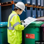 환경관리사 관련 최신 법규 - A professional environmental manager in a modern industrial site, wearing appropriate protective clo...