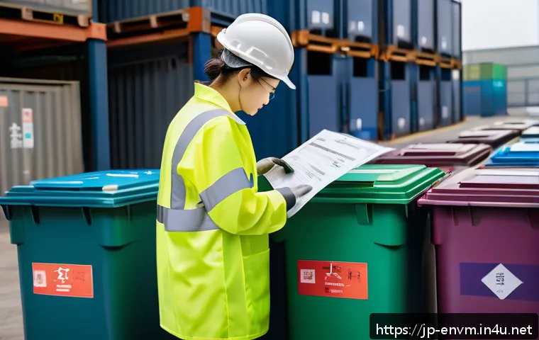 환경관리사 관련 최신 법규 - A professional environmental manager in a modern industrial site, wearing appropriate protective clo...