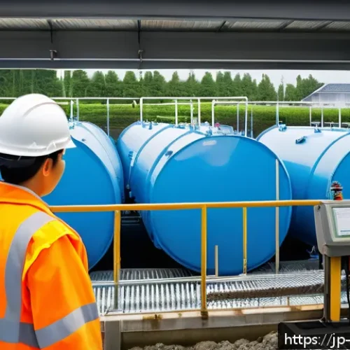 환경관리사와 관련된 실습 사례 - A detailed industrial wastewater treatment plant scene during daytime, showing engineers in safety h...