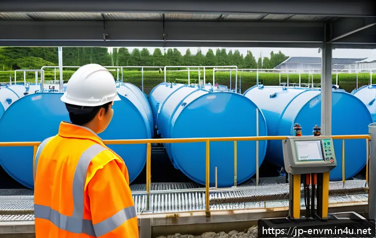 환경관리사와 관련된 실습 사례 - A detailed industrial wastewater treatment plant scene during daytime, showing engineers in safety h...