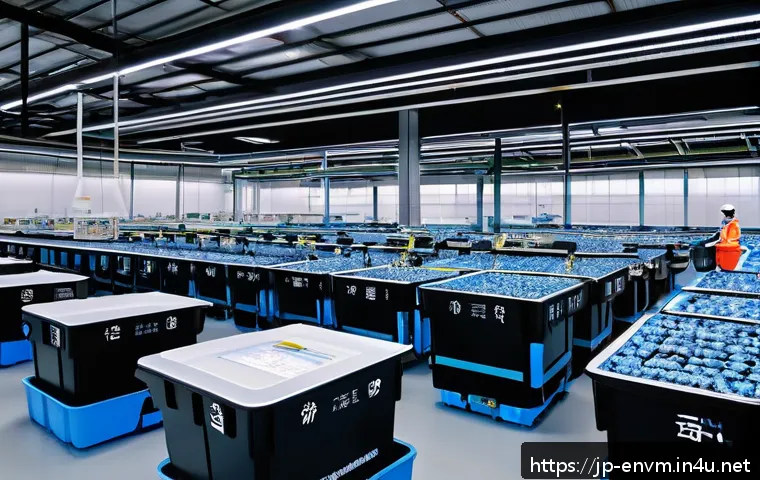환경관리사와 친환경 스타트업 사례 - A high-tech smart recycling facility interior, featuring advanced AI-driven sorting machines with ro...