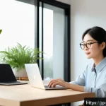 환경관리사 자격증 취득 후 유지 방법 - A professional Japanese environmental manager attending an online webinar at home, surrounded by eco...