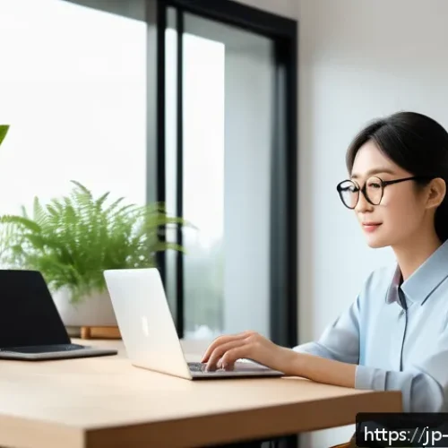 환경관리사 자격증 취득 후 유지 방법 - A professional Japanese environmental manager attending an online webinar at home, surrounded by eco...