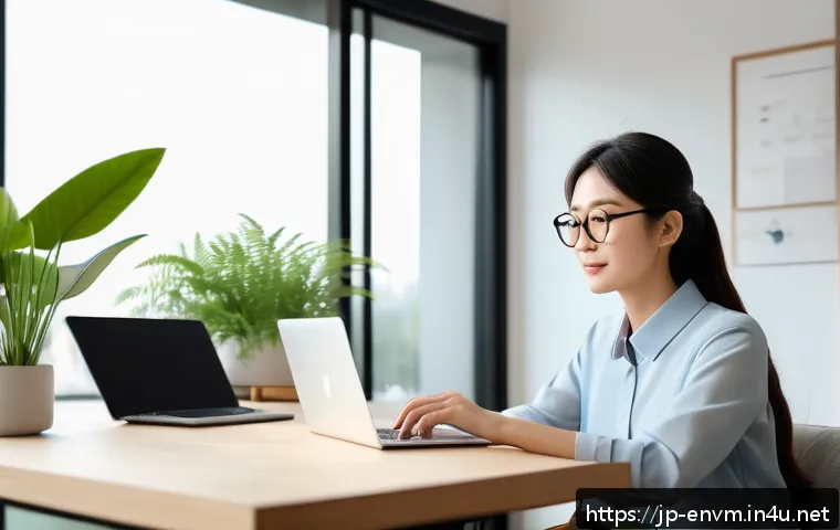환경관리사 자격증 취득 후 유지 방법 - A professional Japanese environmental manager attending an online webinar at home, surrounded by eco...