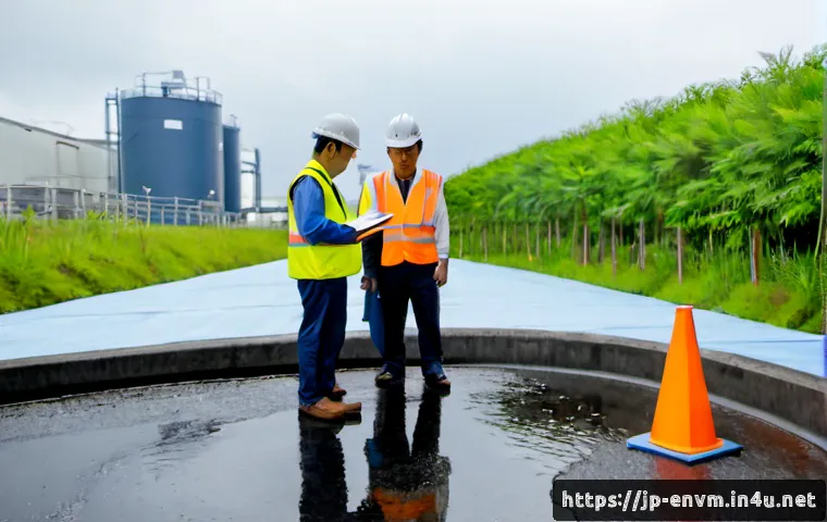 환경관리사 업무 중 겪은 에피소드 - Photorealistic environmental manager in a clean safety helmet and reflective vest inspecting a small...
