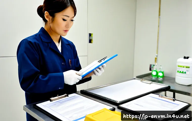 환경관리사 업무 중 마주치는 법적 문제 - Photorealistic Japanese environmental manager in a clean industrial facility, carefully examining se...